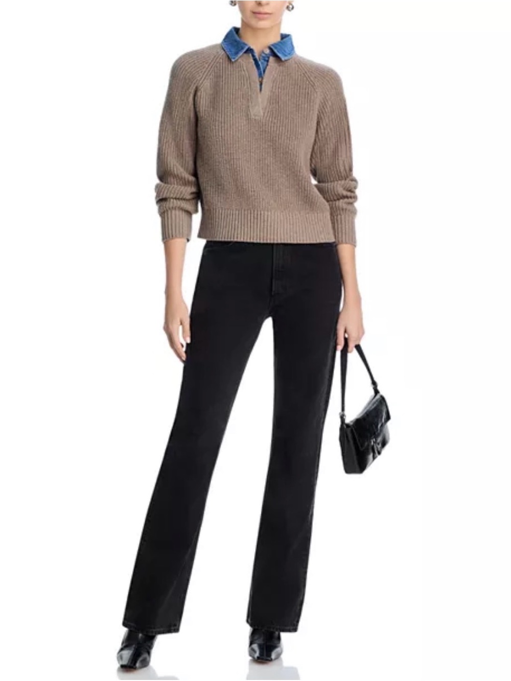 AQUA || Taupe Collared V-Neck Knitted 100% Cotton Sweater